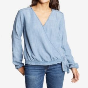 EDDIE BAUER BLUE TRANQUIL WRAP TIE TOP size Medium petite
